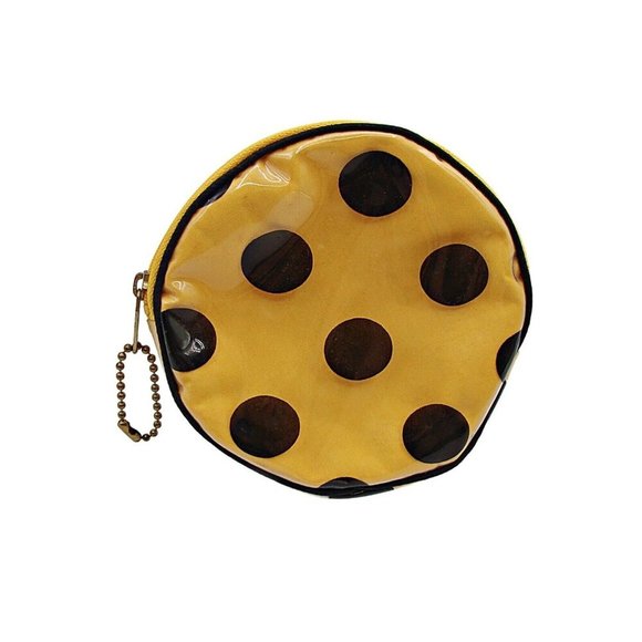 Trina Coin Purse Yellow Black Round Shaped Zip Around Polka Dot Vintage Made USA - Picture 2 of 7